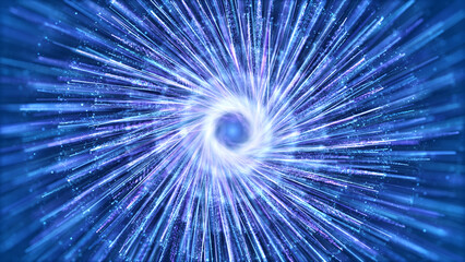 Wall Mural - Blue particles light rotation, spiral particle stripes, ripple particle lines. Used for event, design, covers, visual art, advertisement, stage background.