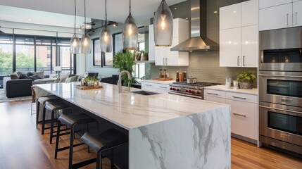 Wall Mural - CHICAGO, IL, USA - OCTOBER 12, 2020 A modern, luxurious white and grey kitchen with Bosch stainless steel appliances, a waterfall granite island, glass pendant lights, and hardwood flooring