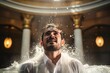 
Young Catholic priest in his 30s performing a baptism ceremony in a vibrant Latin American church