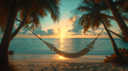 Hammock Hanging Between Two Palm Trees on a Beach