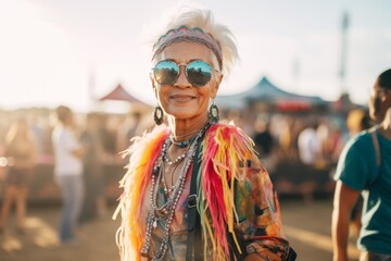 Wall Mural - Mature hippie woman with dreadlocks dancing at music festival.