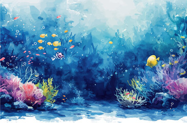 Sticker - Underwater scene with coral reef, fish and seaweed. Vector watercolor illustration.