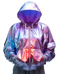 Wall Mural - Colorful Holographic Chrome Hoodie Isolated on Transparent Background. Psychedelic Iridescent Metallic Jacket