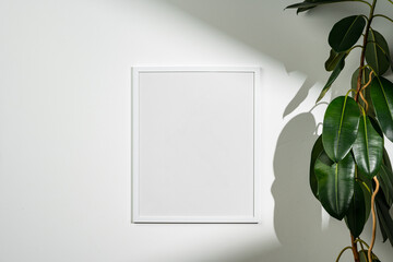 Wall Mural - White wooden photo frame with plant leaves on white background