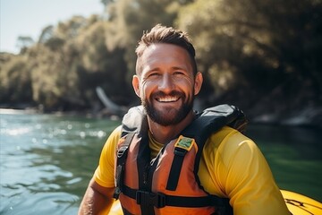 Wall Mural - Portrait of a smiling man in yellow life jacket standing on the river bank