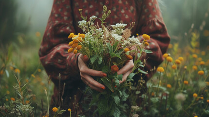 Wall Mural - A woman collects medicinal herbs. Selective focus.