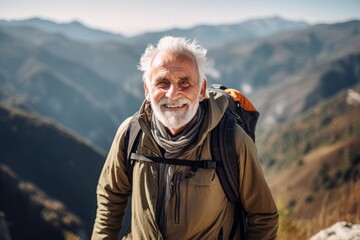 Canvas Print - Portrait of a senior man with a backpack on top of a mountain