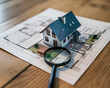 Plans with a model house and a magnifying glass. residential and home inspection paper