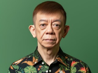 A multiracial man in a vibrant Hawaiian shirt is looking directly at the camera, making eye contact with a neutral expression