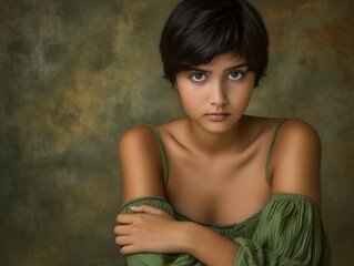 Wall Mural - A multiracial woman wearing a green dress strikes a pose for a photograph