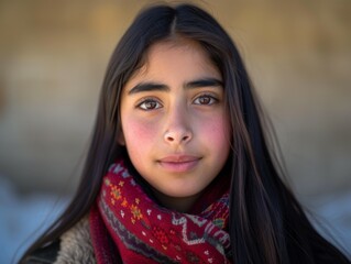 Wall Mural - A multiracial young girl with long black hair wearing a scarf