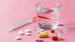 pills and thermometer, Electronic thermometer and pills on a pink background. High temperature degrees Celsius on display. Glass cup with water,  Copy space