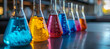 Colorful solutions in neon and contrasting flasks arranged on the laboratory table, illustrating the concept of science and research with luminophores