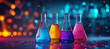 Colorful solutions in neon and contrasting flasks arranged on the laboratory table, illustrating the concept of science and research with luminophore, bright bokeh background