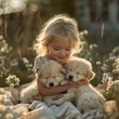 © sergo321 - A little cute girl sits near her house in the summer and holds puppies in her hands.