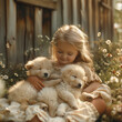 © sergo321 - A little cute girl sits near her house in the summer and holds puppies in her hands.