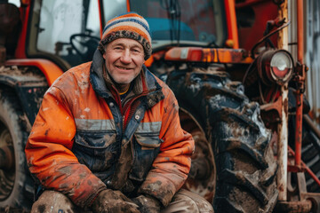 Wall Mural - Portrait of a smiling farmer sitting next to a tractor in working clothes