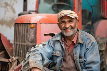 Wall Mural - Portrait of a smiling farmer sitting next to a tractor in working clothes