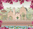 Indian Mughal garden, arch, peacock, bird, plant vector illustration for wallpaper mural art