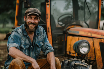 Wall Mural - Portrait of a smiling farmer sitting next to a tractor in working clothes