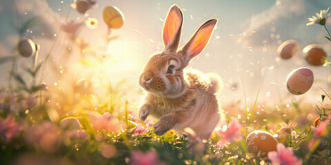 Wall Mural - Cute Easter bunny with easter eggs with spring flowers flying around on a nature background against sun light. Funny tradition concept. 