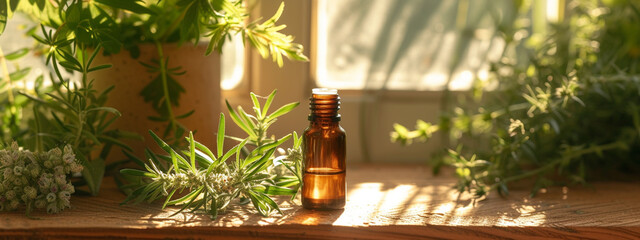 Poster - jar with essential oil extract of wormwood oil on a wooden background