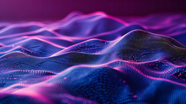 Futuristic Grid and Technology Wave, Abstract Digital Design with Blue Neon Light Background