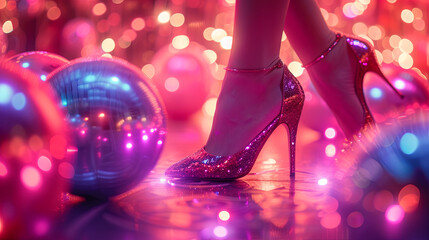 A girl in bright shiny shoes against the background of a disco ball. Parties & Disco Concept