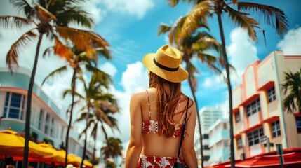 Wall Mural - Beautiful tourist young woman walking in Miami Beach city street in Florida, USA, tourism travel holiday vacations concept in United States of America