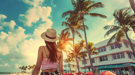 Wall Mural - Beautiful tourist young woman walking in Miami Beach city street in Florida, USA, tourism travel holiday vacations concept in United States of America