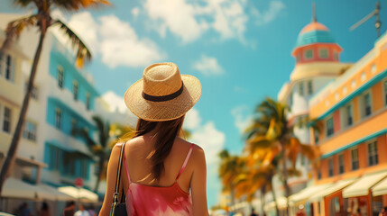 Wall Mural - Beautiful tourist young woman walking in Miami Beach city street in Florida, USA, tourism travel holiday vacations concept in United States of America