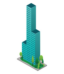 Wall Mural - City building of colorful set. Through skillful imaginative cartoon design, this artwork brings to life the grandeur of a skyscraper against a simple white background. Vector illustration.