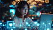 © ADDICTIVE STOCK - Young woman working on laptop with futuristic interface. Generative AI image