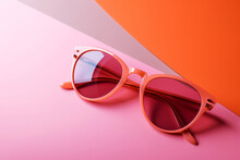 Generative AI Illustration Of Coral Pink Sunglasses Lying On A Pastel Pink And Orange Geometric Background.