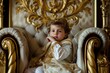 child in princely attire shyly sitting on an oversized royal throne