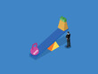 Businessman looking at seesaw between reward and risk investment or business 3d isometric vector illustration
