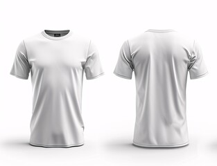 Wall Mural - 3D rendering of a white round-neck t-shirt with front, back, and side views on a white background, perfect for graphic design mockups.