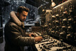 An employee uses the control panel and instruments in the laboratory, winter forest, in the style of a photo reportage