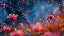 Ethereal Macro Shot Of A Water Droplet Suspended On A Delicate Spider Web Among Flowering Plants
