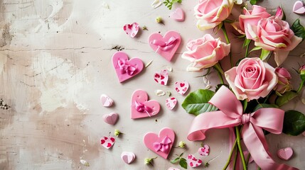 Poster - Hearts and roses on a pink Valentine's Day background