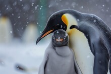 Mother Penguin Sheltering Baby Penguin From Snowfall