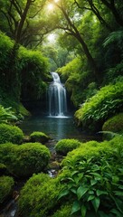 Waterfall in the lush green jungle, detailed naturalism realistic style digital art, ai generated