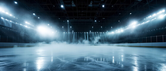 Wall Mural - Blue Ice Rink Background. Professional Arena illuminated neon lights, spotlights with smoke. Copyspace. Winter poster for hockey competitions. Ice skating. Stadium. Generative ai	