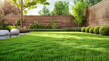 Canvas Print - green grass lawn, plants and wooden fence in modern backyard patio