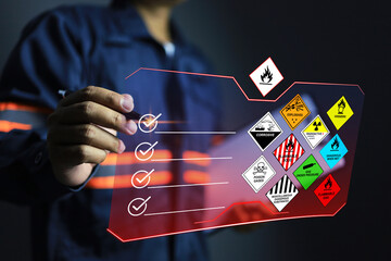 Wall Mural - security officers tick check mark on virtual screen to inspect the storage of dangerous goods in the