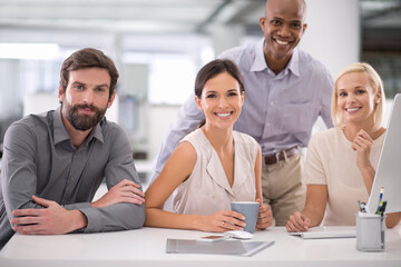 Sticker - Business people, portrait and audit team with a smile from collaboration and work in an office. Happy, workforce and professional employees with career confidence from corporate finance agency