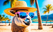 lama with glasses on a background of palm trees. Selective focus.