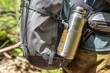 insulated water bottle secured to the side pocket of a pack
