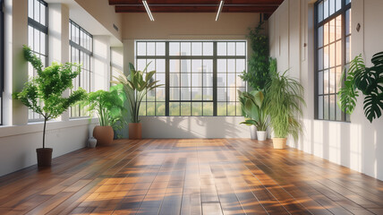 Canvas Print - an empty modern contemporary loft room, featuring a polished wooden floor with scattered green plants.