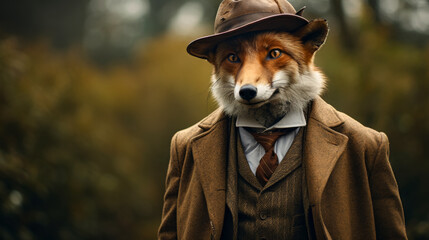 Picture a dapper fox in a tailored tweed suit, complete with a bowler hat and a monocle. Against a backdrop of English countryside, it exudes old-world charm and gentlemanly grace. Mood: refined and s